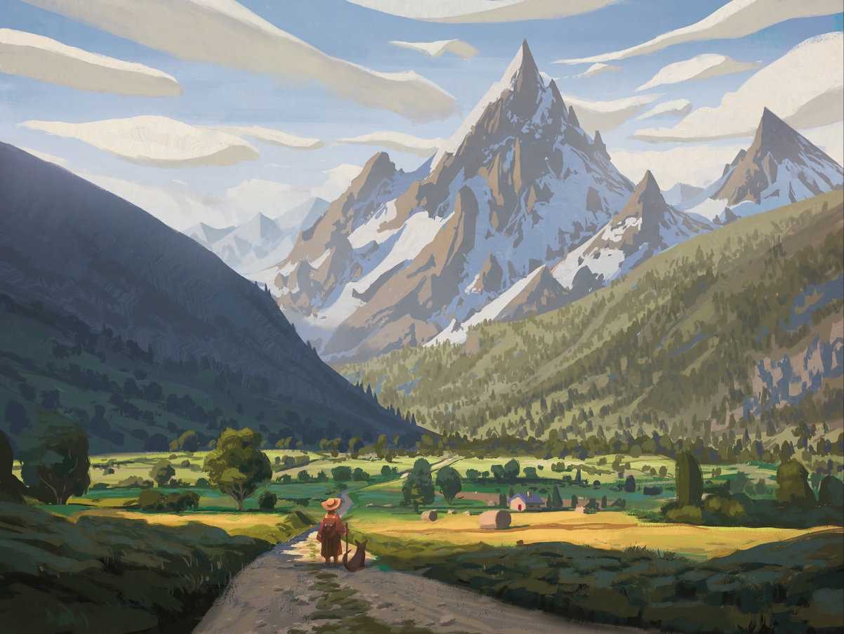 山谷之上的山 小路 戴帽子的小孩 狗 麦田 插画风景桌面壁纸图片