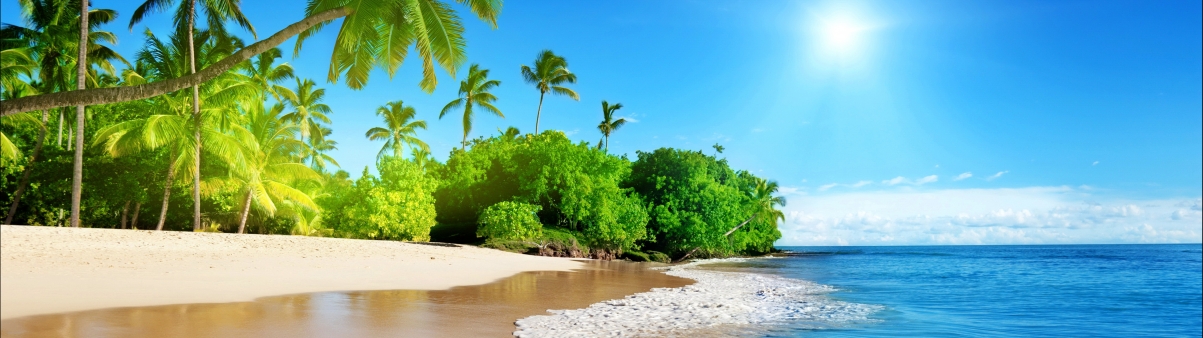 蔚蓝的大海 阳光 棕榈树 沙滩 海岸 美丽海滩5120x1440风景桌面壁纸图片