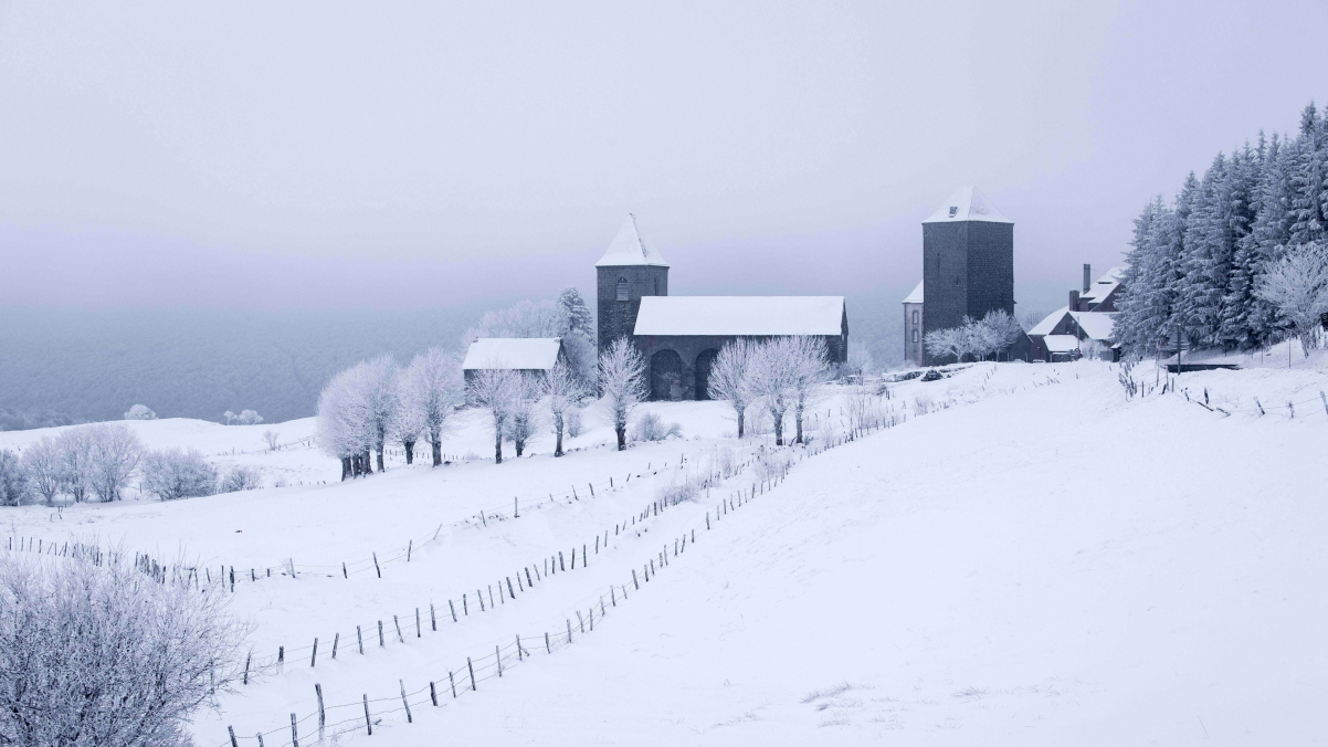 冬天雪风景 房子 树 栅栏 风景桌面壁纸图片