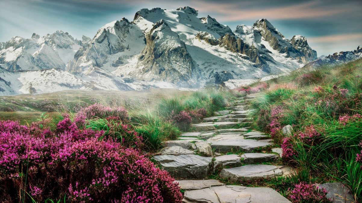山脉 路 台阶 鲜花和草 风景桌面壁纸图片3840x2160
