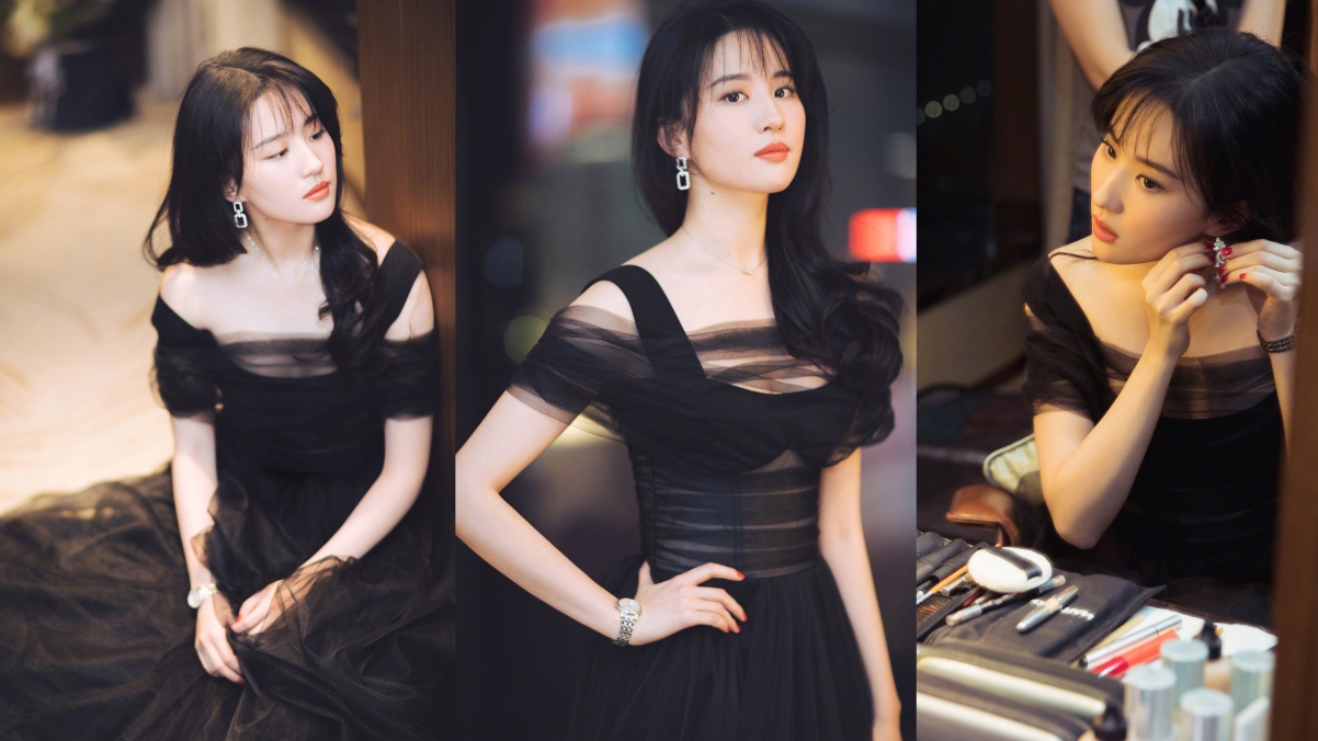 刘亦菲黑色裙子照片 美女拼图桌面壁纸图片