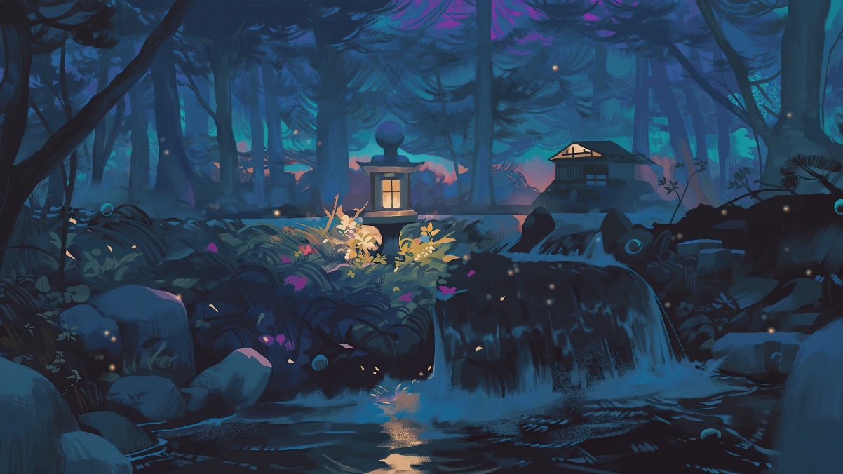 森林 夜晚 自然 树木 水 房子 瀑布 灯 抽象艺术绘画风景桌面壁纸图片