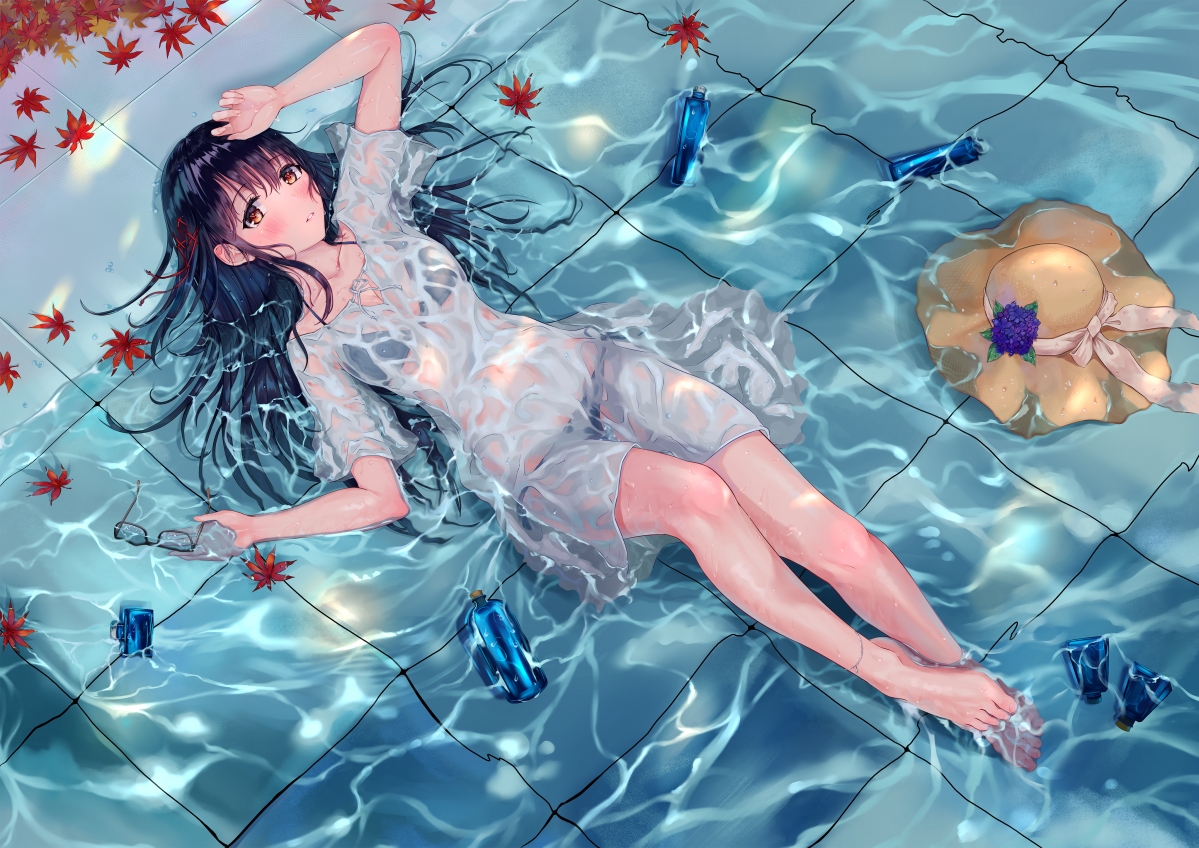 夏天 美少女 女孩子 平躺 水 裙子湿透 赤脚 动漫桌面壁纸图片