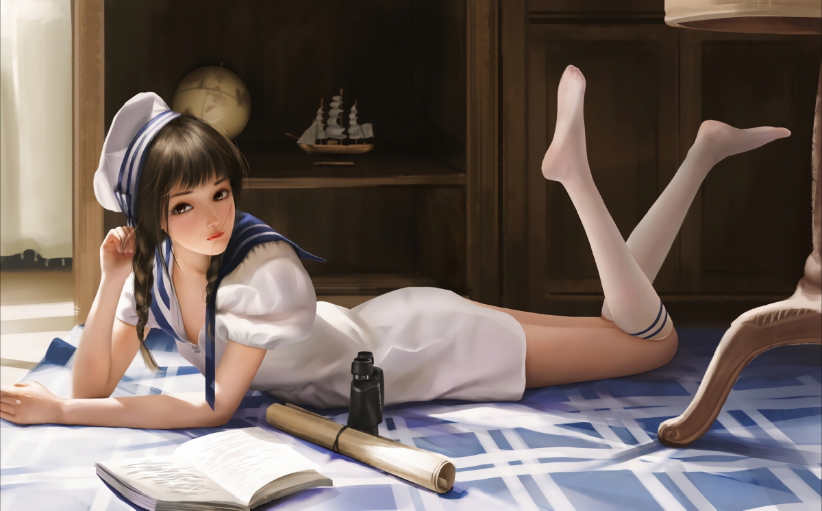 海军服美少女 美腿 白色袜子 望远镜 地图 动漫桌面壁纸图片