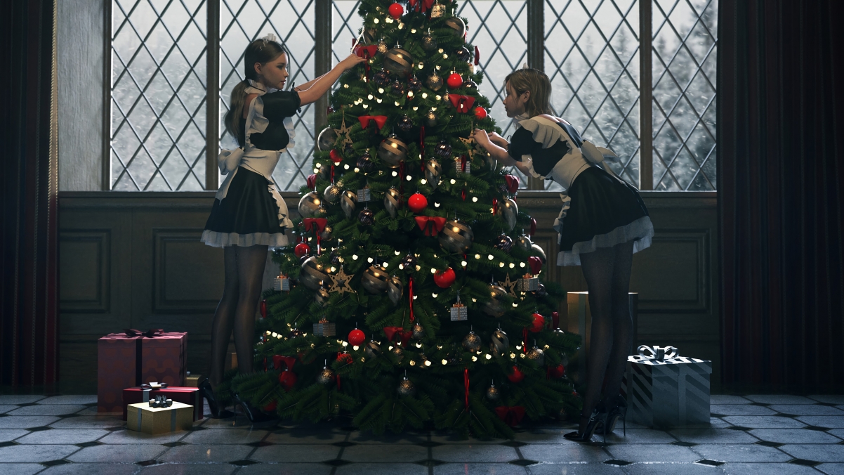 两个女仆 黑色丝袜 美腿 布置圣诞节 圣诞树 动漫桌面壁纸图片