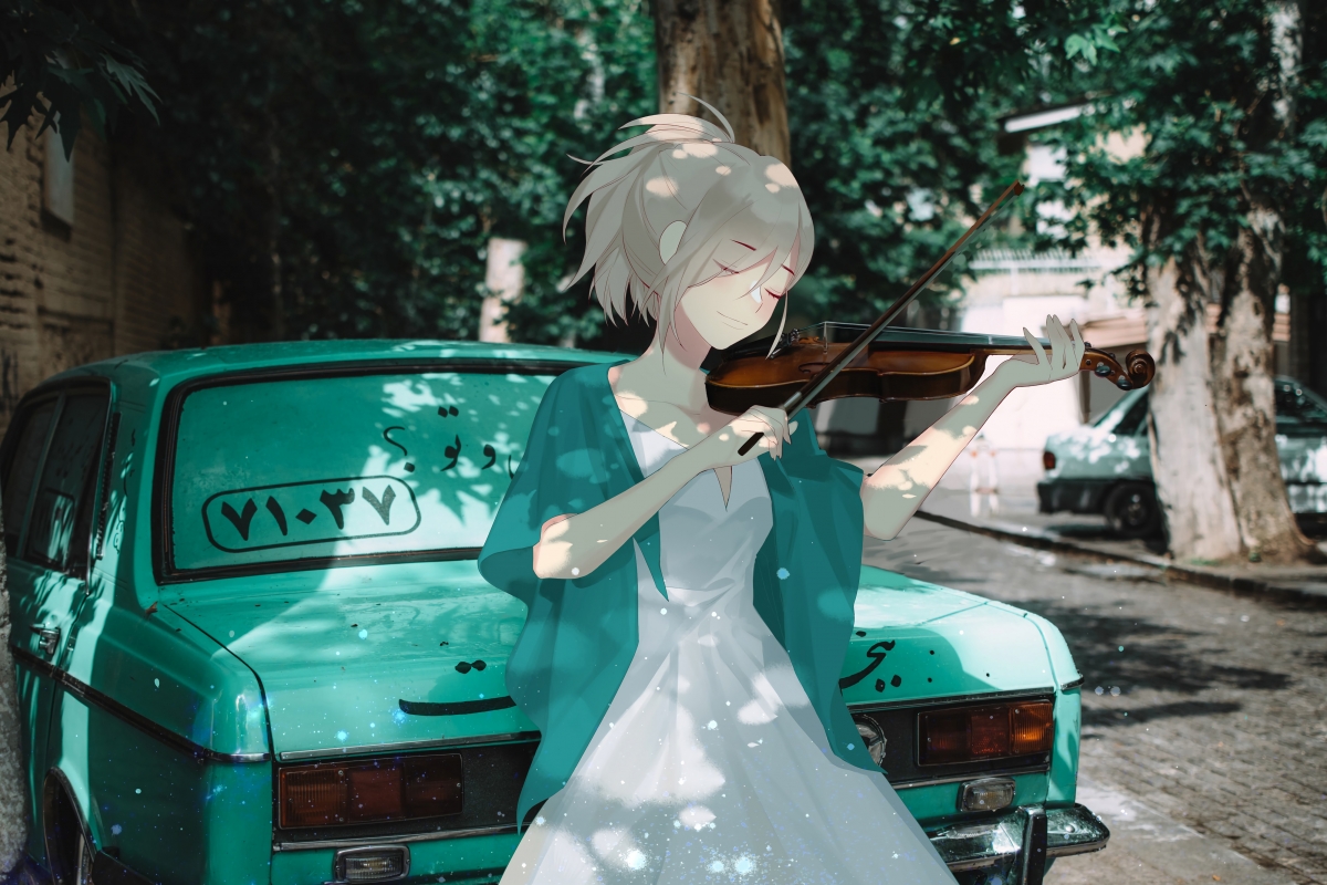 地下城与勇士 女孩 小提琴 公园 汽车动漫桌面壁纸图片