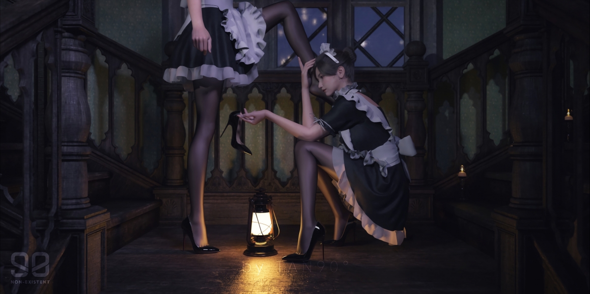 两个女仆 女仆装 黑裤袜 黑色高跟鞋 油灯 楼梯动漫桌面壁纸图片