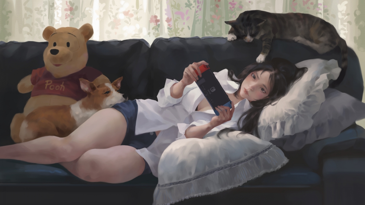 女孩 沙发 手机 猫 狗 小熊维尼 高清动漫桌面壁纸图片