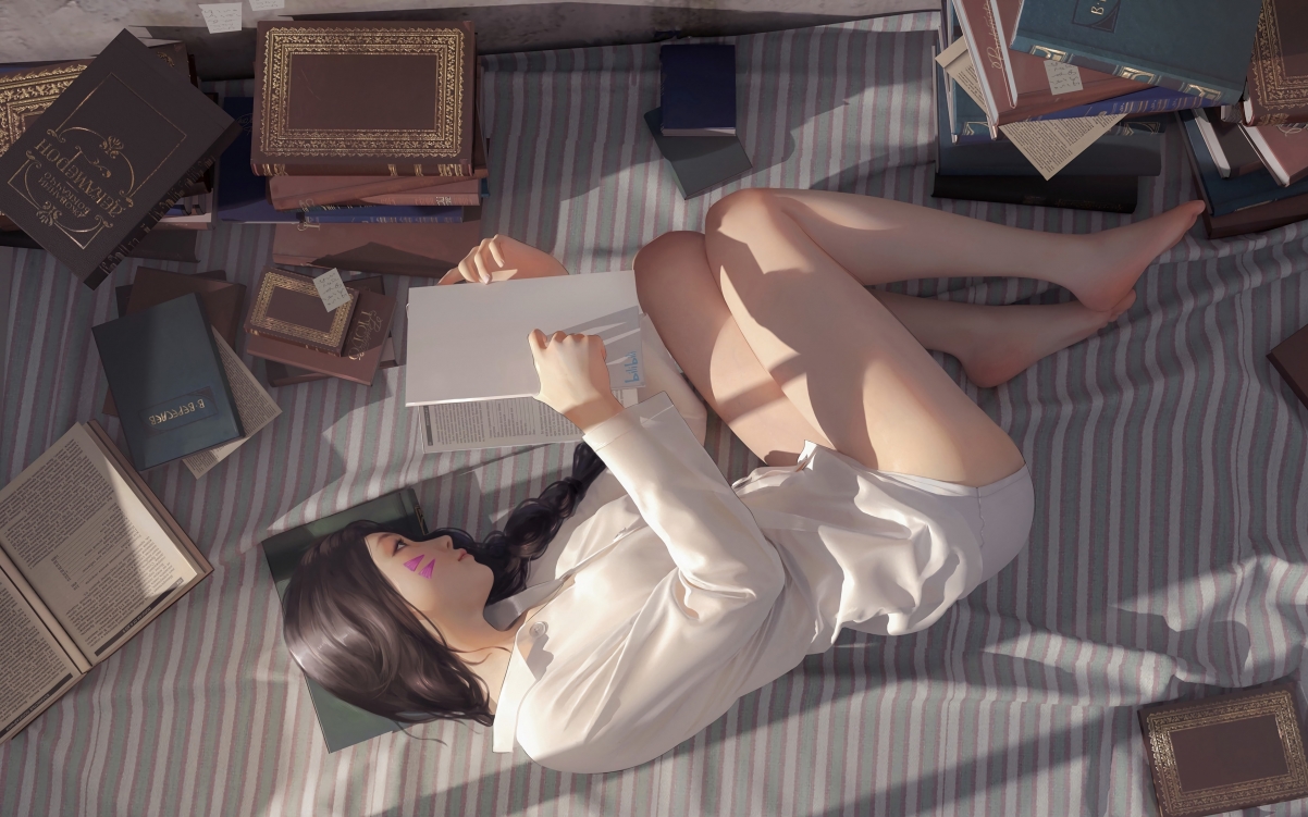 穿白色衬衫的可爱女孩 床上看书 美腿 二次元动漫桌面壁纸图片