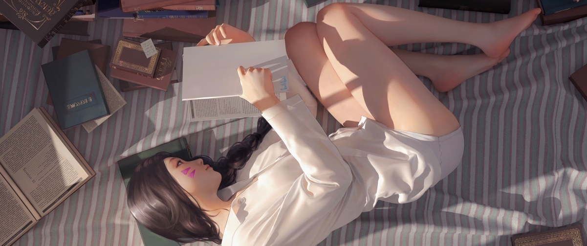 穿白色衬衫的女孩 美腿 床上看书3440x1440带鱼屏动漫桌面壁纸图片