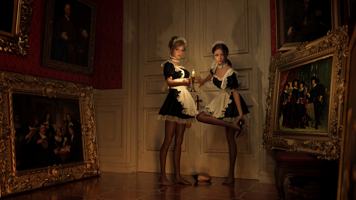 3D绘画 女仆 美腿 黑丝 高跟鞋 两位女仆进门后的一幕 动漫桌面壁纸图片