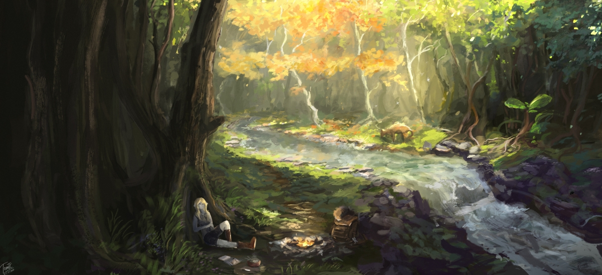 森林 女孩 秋游 宁静的秋天 树 河流 小溪 绘画高清3k桌面壁纸图片
