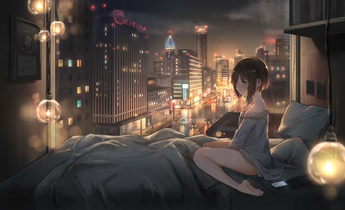 女生 女子 起床 晚上 都市 夜景 动漫桌面壁纸图片