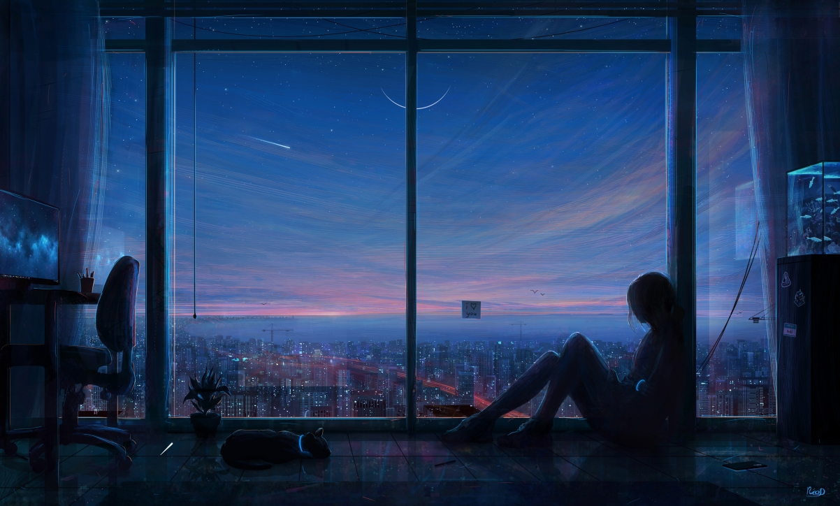 晚上 女孩 猫 飘窗 星星 月亮 动漫桌面壁纸图片