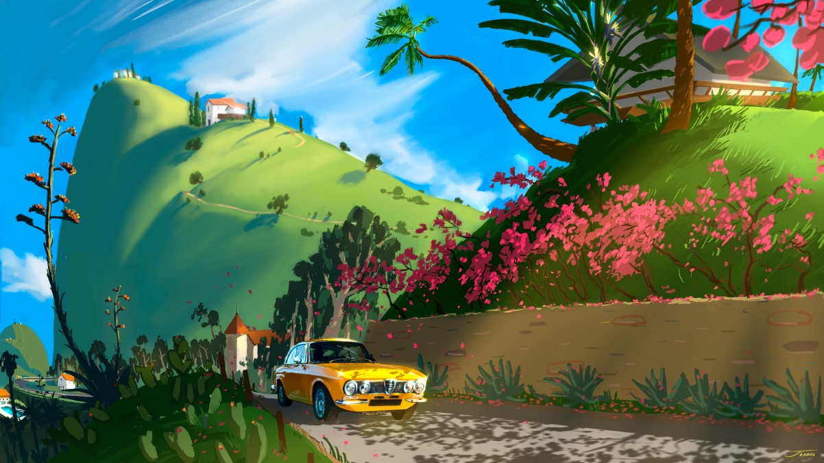 郊外风景 汽车 花 树 房子 动漫风景桌面壁纸图片