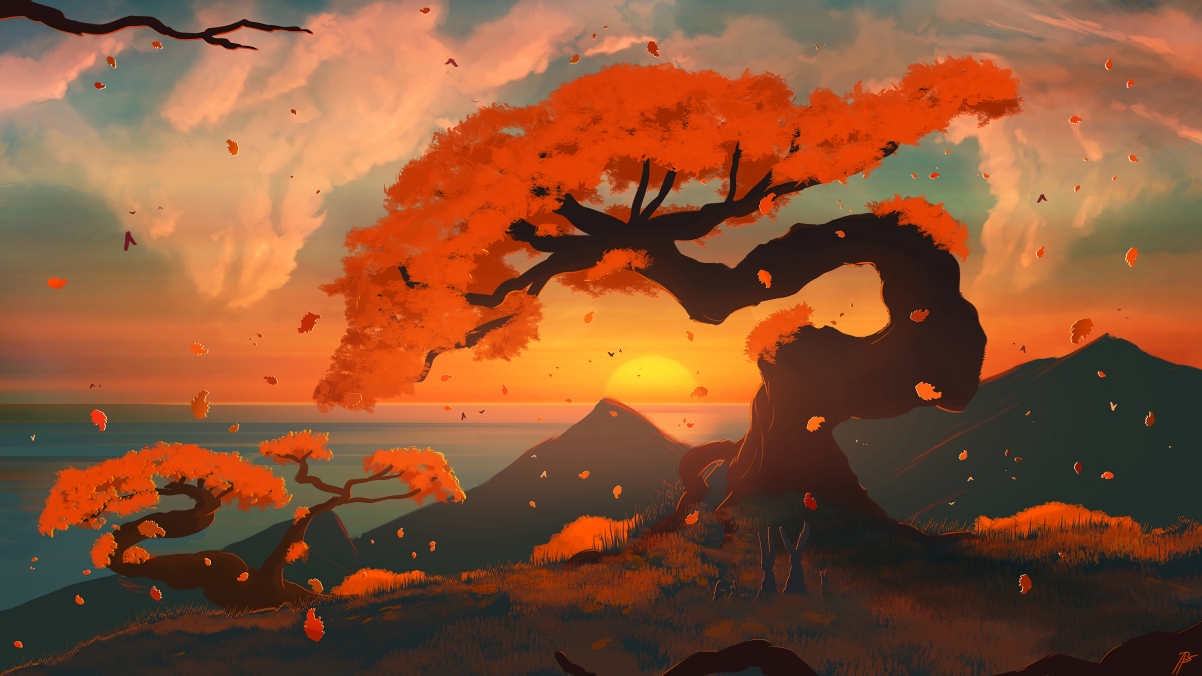 秋天 山 树叶 夕阳 大海 唯美风景桌面壁纸图片