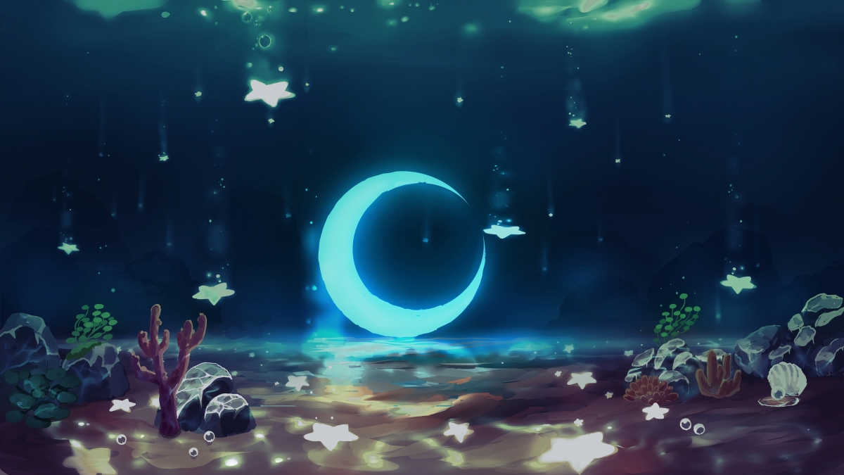 海底 水下 月亮 星星 动漫桌面壁纸图片