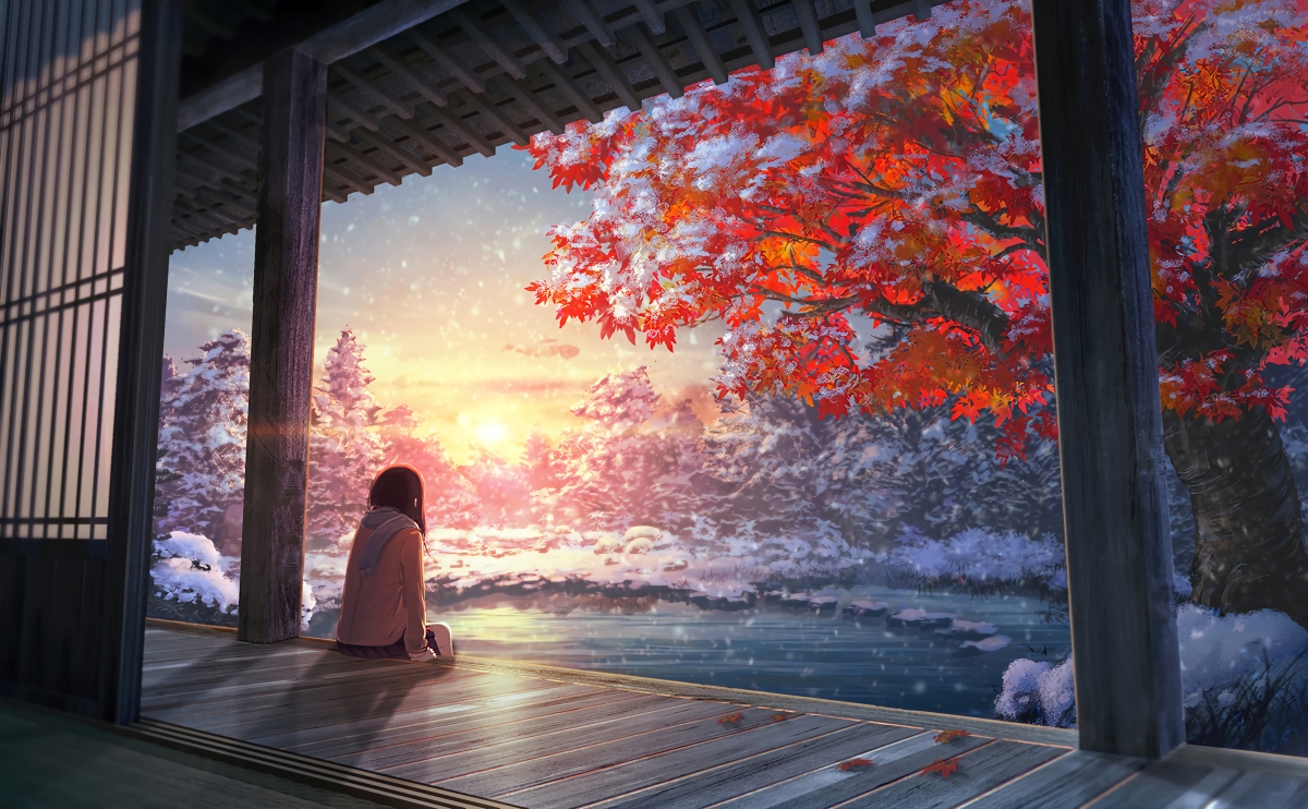 女孩子 风景 外廊 冬景色 夕阳 晚霞 动漫桌面壁纸图片
