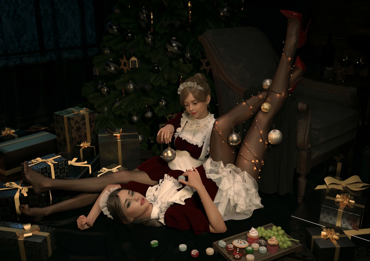两个女仆 美腿 黑丝袜 圣诞节 圣诞树 圣诞礼物动漫桌面壁纸图片