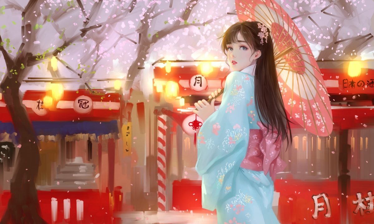 【彼岸图网会员原创】日本和服美女 回头 回眸 纸伞 樱花 厚涂画 唯美好看动漫桌面壁纸图片