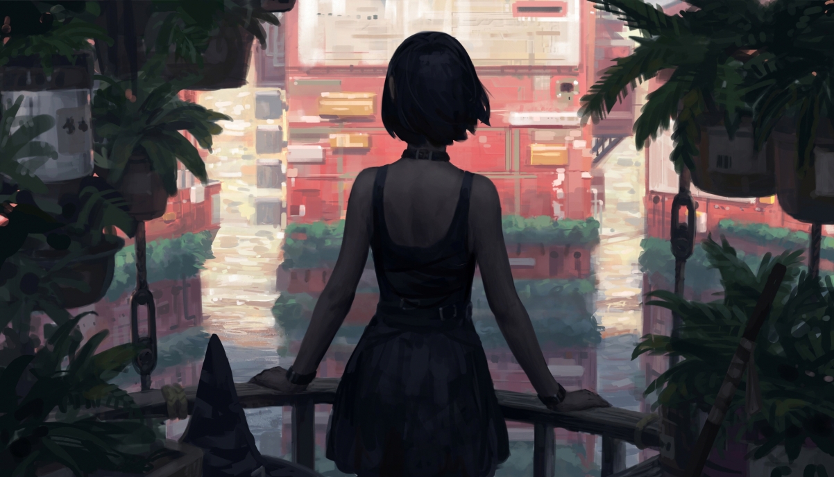 女孩短发 黑发 背部 后背 连衣裙 植物 阳台 建筑 绘画插图动漫桌面壁纸图片