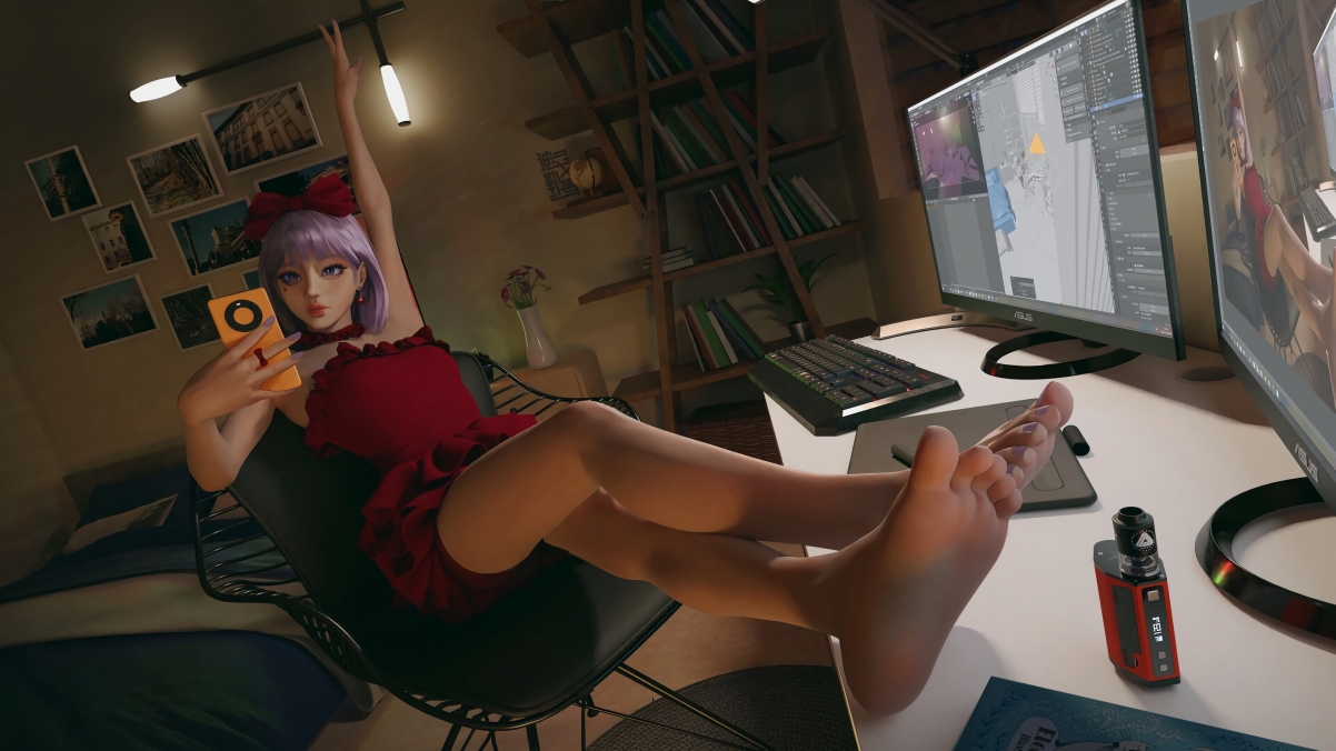 房间 电脑桌椅 穿红色裙子女孩 紫色头发 爱漂亮 华为手机 自拍 动漫桌面壁纸图片
