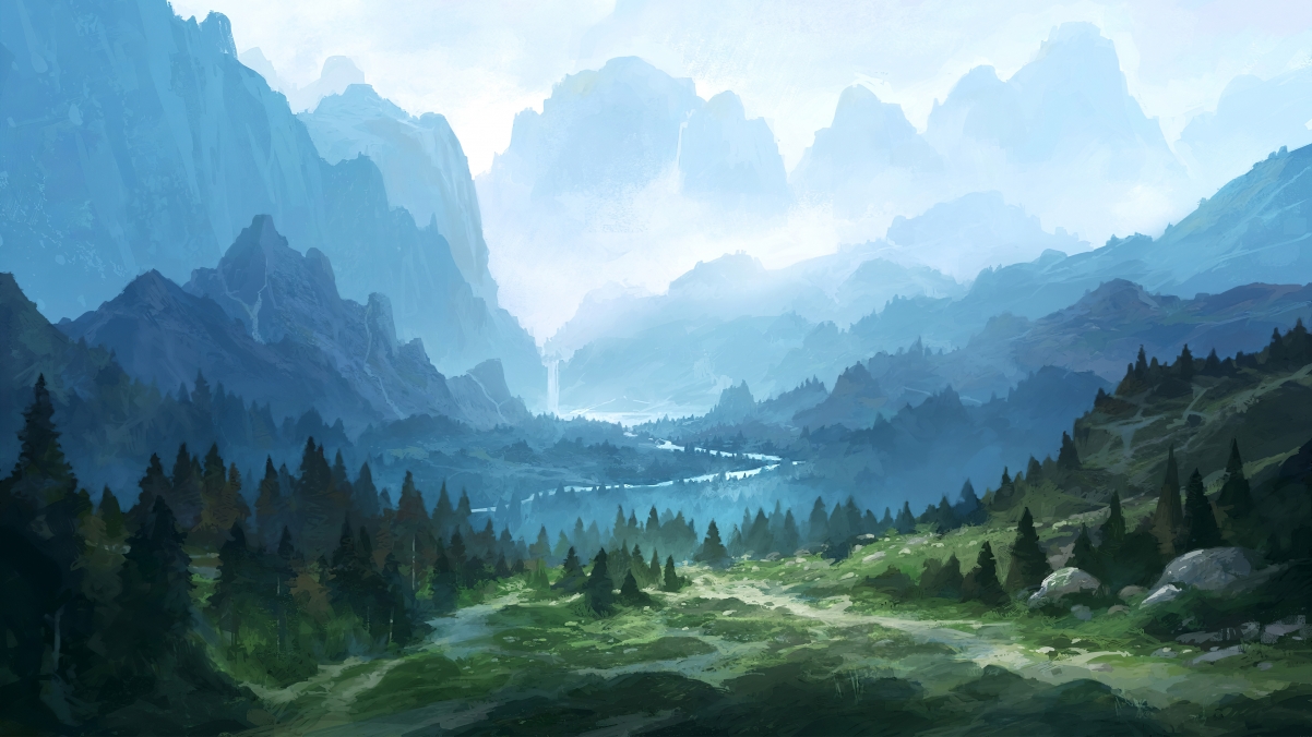 山 瀑布 小路 风景绘画高清桌面壁纸图片3840x2160