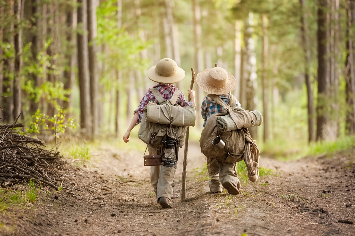 两个男孩背着背包徒步旅行在森林大道上阳光明媚的日子图片