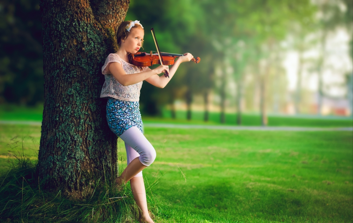 森林公园,女孩,小提琴,音乐,高清6K图片